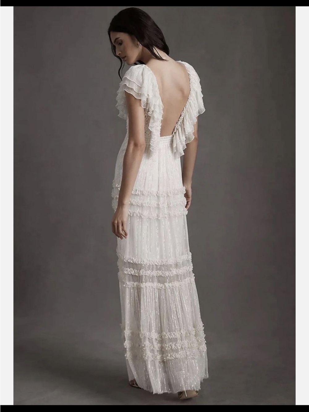 BHLDN Ivory Ruffled Open-Back Maxi Dress